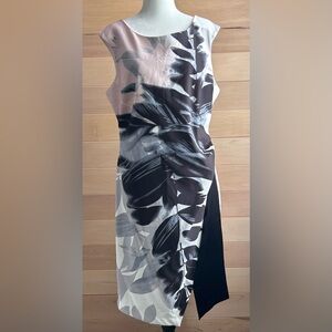 Cleo Dress Size 14 sleeveless monochrome graphic floral and leaf and cream .